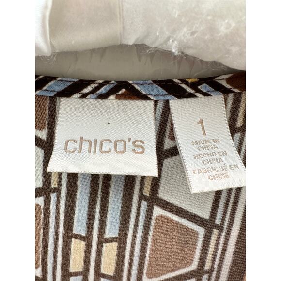 CHICO’S Retro Geometric Print Tunic Top 3/4 Bell Sleeve Stretch | Size 1 Medium - Picture 5 of 7